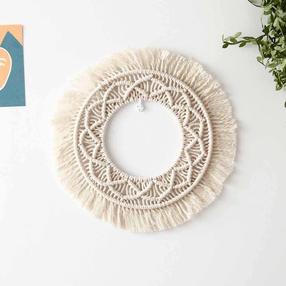 Woven Tapestry,13.3" Wall Hanging Tassel Fringe Round Boho Wall Art Decor, Nordic Style Home Christmas Decor for Bedroom Baby Nursery