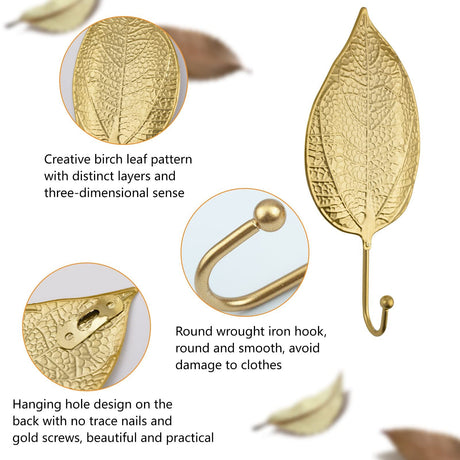 4PCS Leaves Iron Hooks Decorative Wall Hooks Hanging Modern Hooks Gold Single Prong Hanger Heavy Duty Hooks for Hanging Key