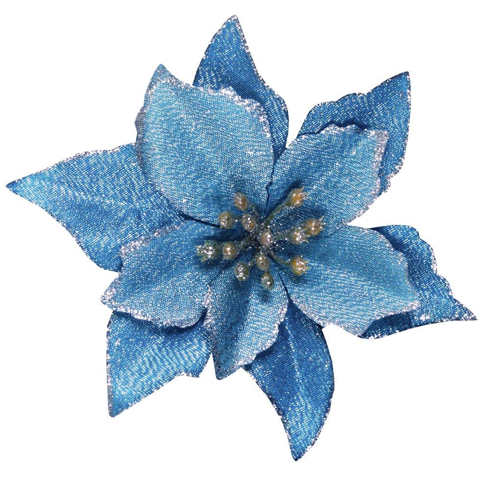 24 Set Christmas Blue Glitter Poinsettia Flowers Picks Christmas Tree Ornaments for Winter Blue Teal Christmas Tree Wreaths