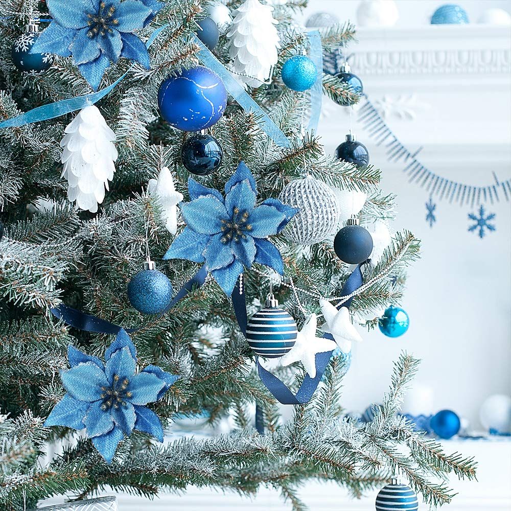 24 Set Christmas Blue Glitter Poinsettia Flowers Picks Christmas Tree Ornaments for Winter Blue Teal Christmas Tree Wreaths