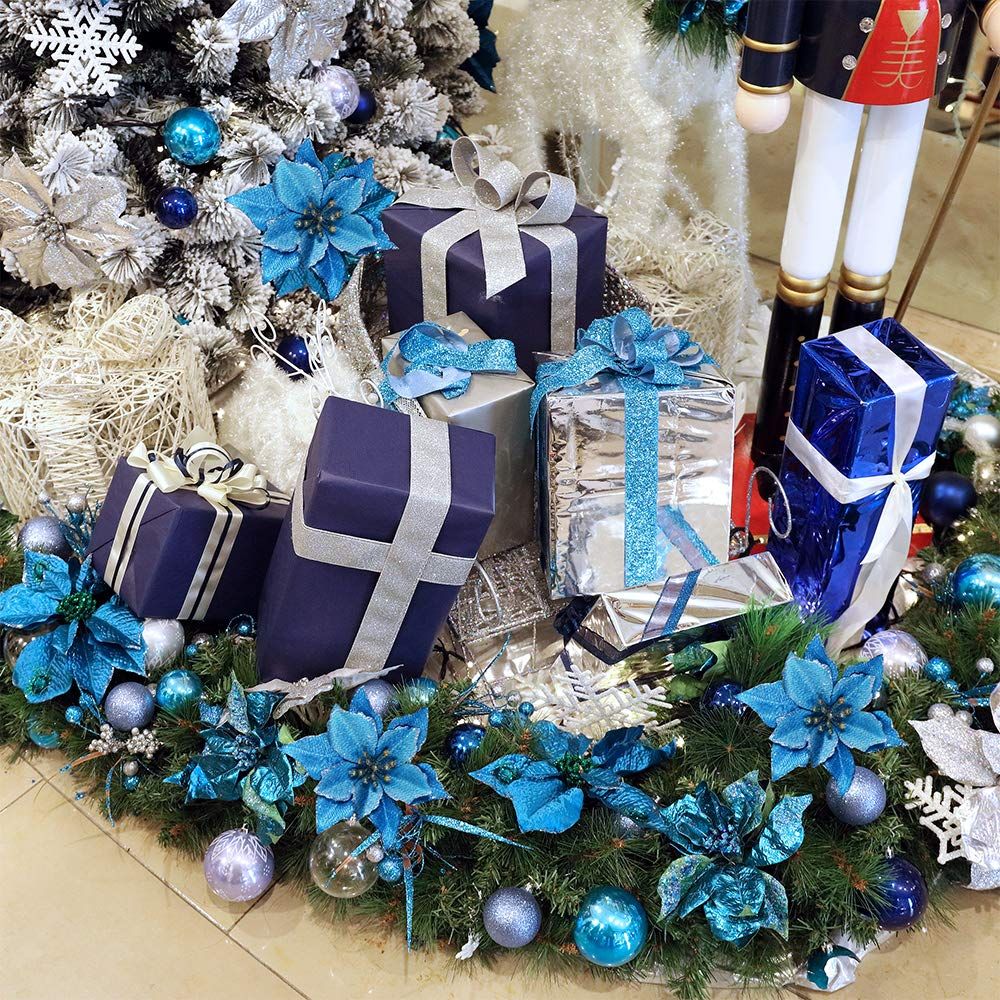 24 Set Christmas Blue Glitter Poinsettia Flowers Picks Christmas Tree Ornaments for Winter Blue Teal Christmas Tree Wreaths