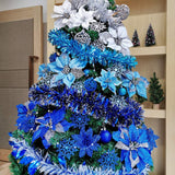24 Set Christmas Blue Glitter Poinsettia Flowers Picks Christmas Tree Ornaments for Winter Blue Teal Christmas Tree Wreaths