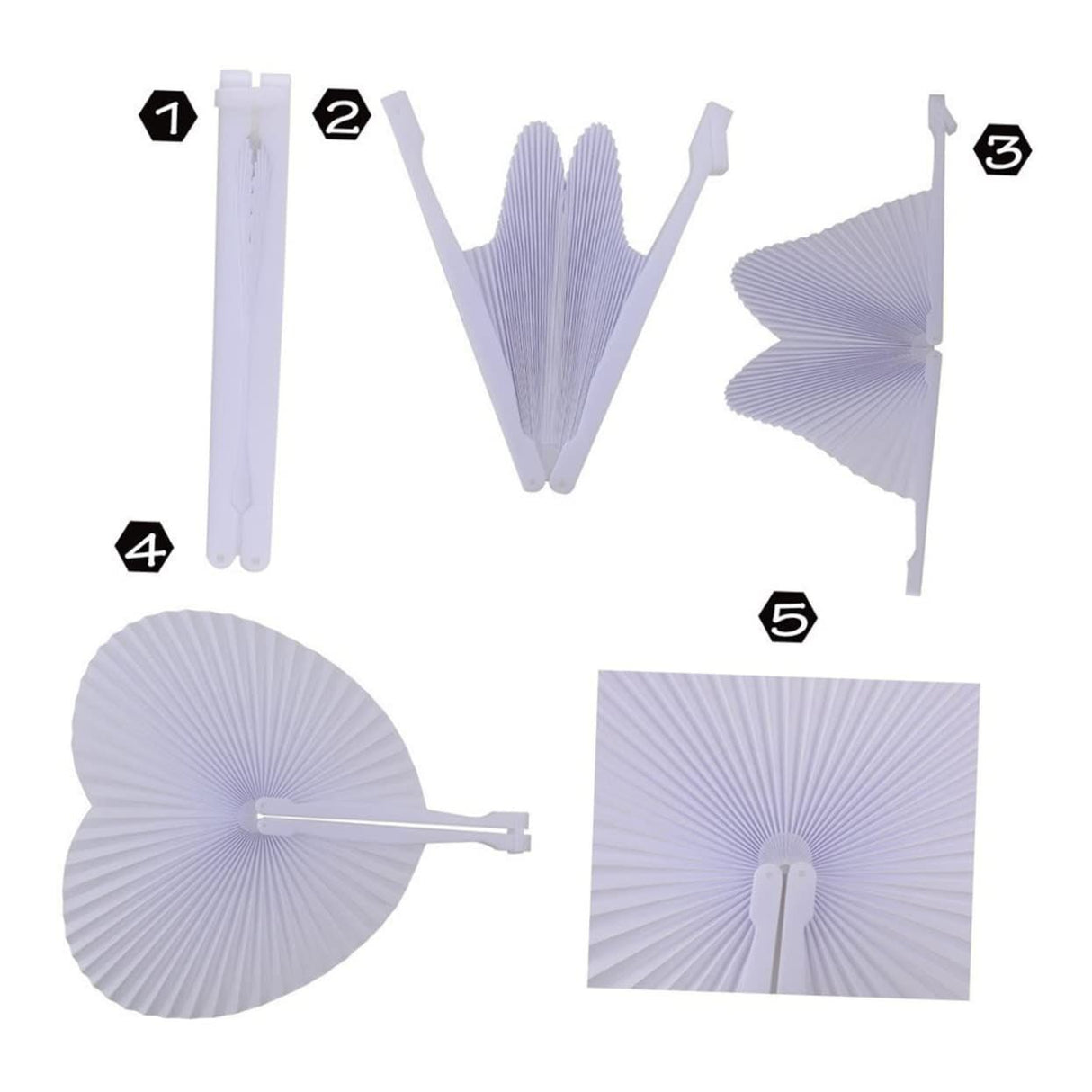 Heart shaped handheld folding accordion paper fan with plastic handle, suitable for weddings, birthdays, celebrations, and parties