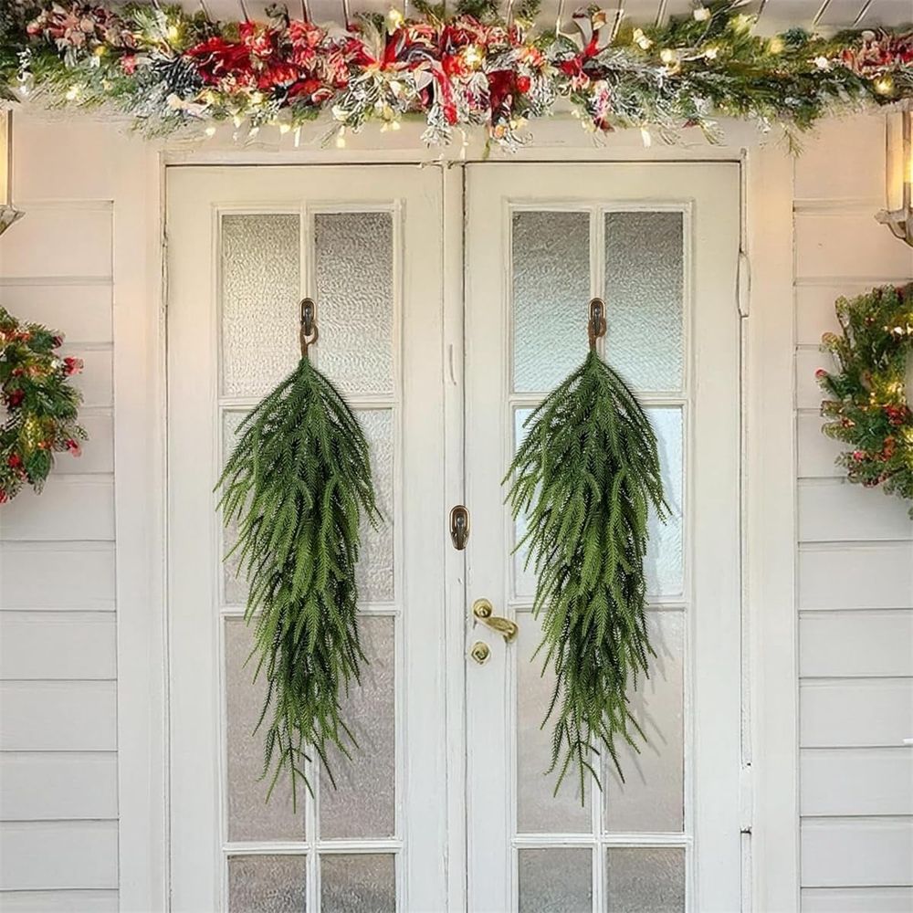 Extra Length Artificial Christmas Teardrop , Christmas Norfolk Greenery Teardrop Wreath for Door Table Mantle Fireplace Stairway Window Indoor Outdoor Decor