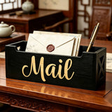 Wooden Mail Organizer Desktop, Black Letter Storage Box, Desk Mail Sorter, Compact Countertop Holder for Home Office, Entryway and Desk Organization