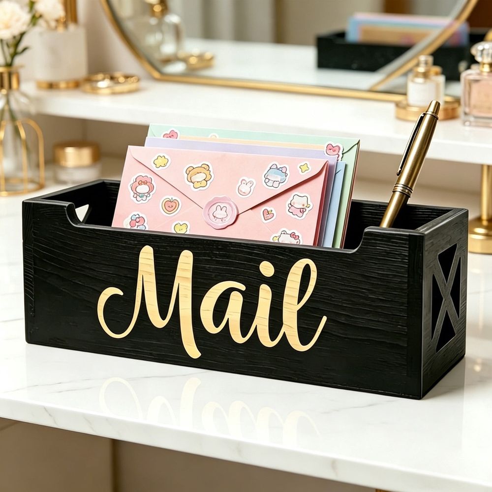 Wooden Mail Organizer Desktop, Black Letter Storage Box, Desk Mail Sorter, Compact Countertop Holder for Home Office, Entryway and Desk Organization