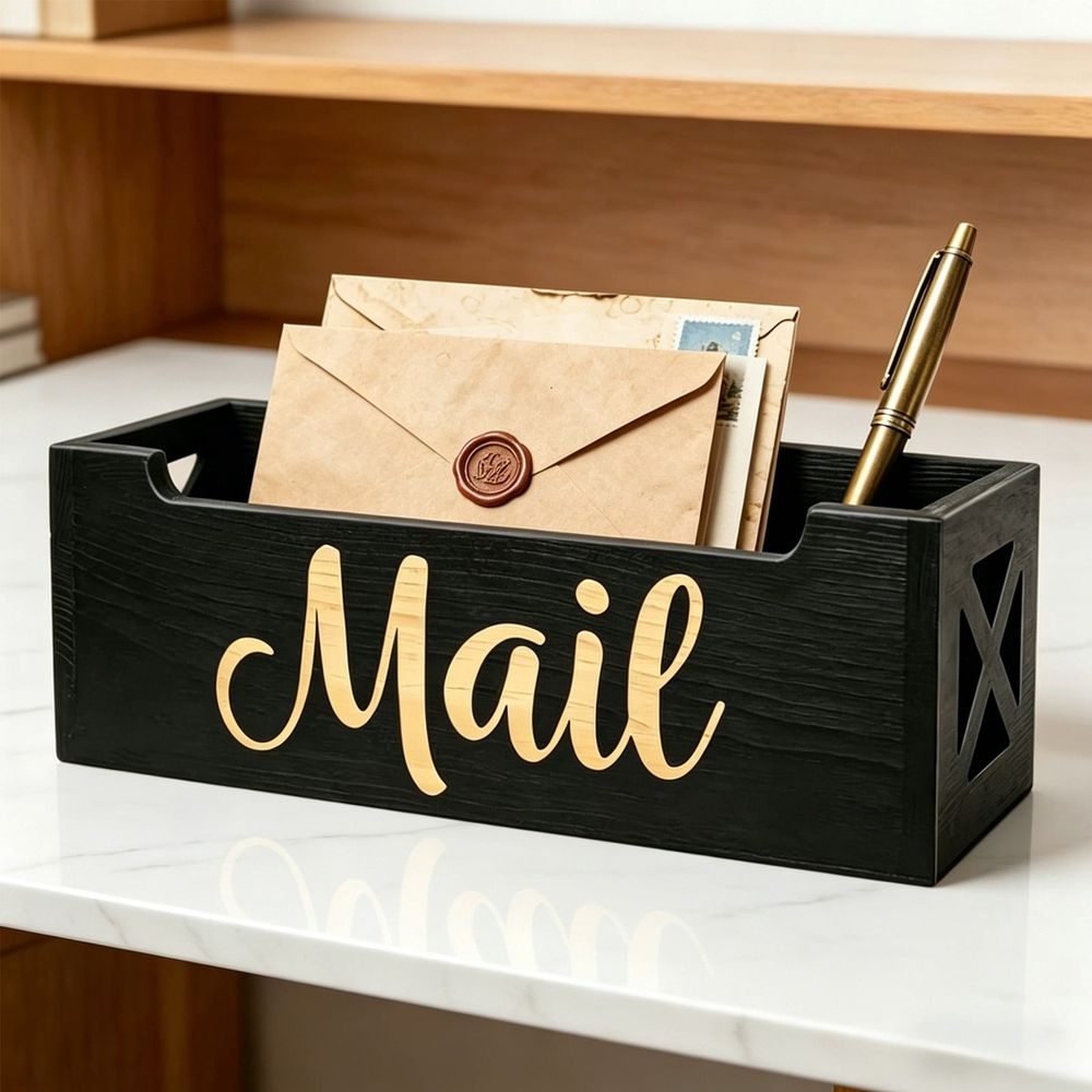 Wooden Mail Organizer Desktop, Black Letter Storage Box, Desk Mail Sorter, Compact Countertop Holder for Home Office, Entryway and Desk Organization