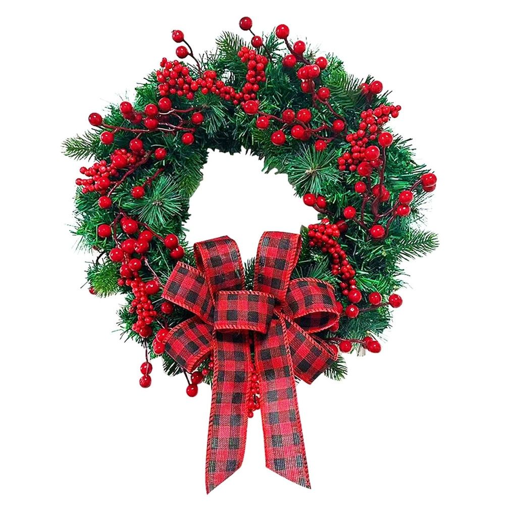 Christmas Wreath for Front Door, Artificial Christmas Door Wreath with Red Berries Buffalo Plaid Bow, Green Pine Wreath for Wall Window Holiday Farmhouse Decor