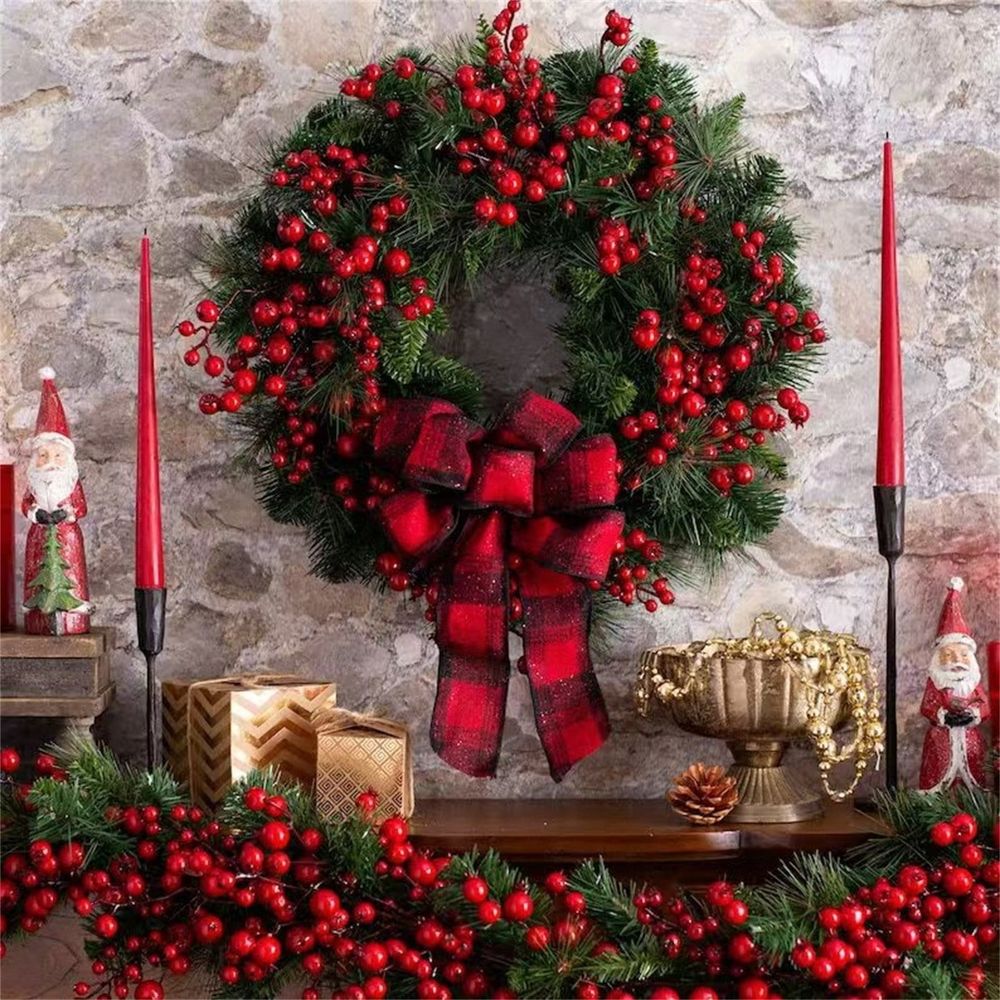 Christmas Wreath for Front Door, Artificial Christmas Door Wreath with Red Berries Buffalo Plaid Bow, Green Pine Wreath for Wall Window Holiday Farmhouse Decor