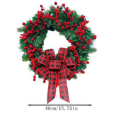 Christmas Wreath for Front Door, Artificial Christmas Door Wreath with Red Berries Buffalo Plaid Bow, Green Pine Wreath for Wall Window Holiday Farmhouse Decor