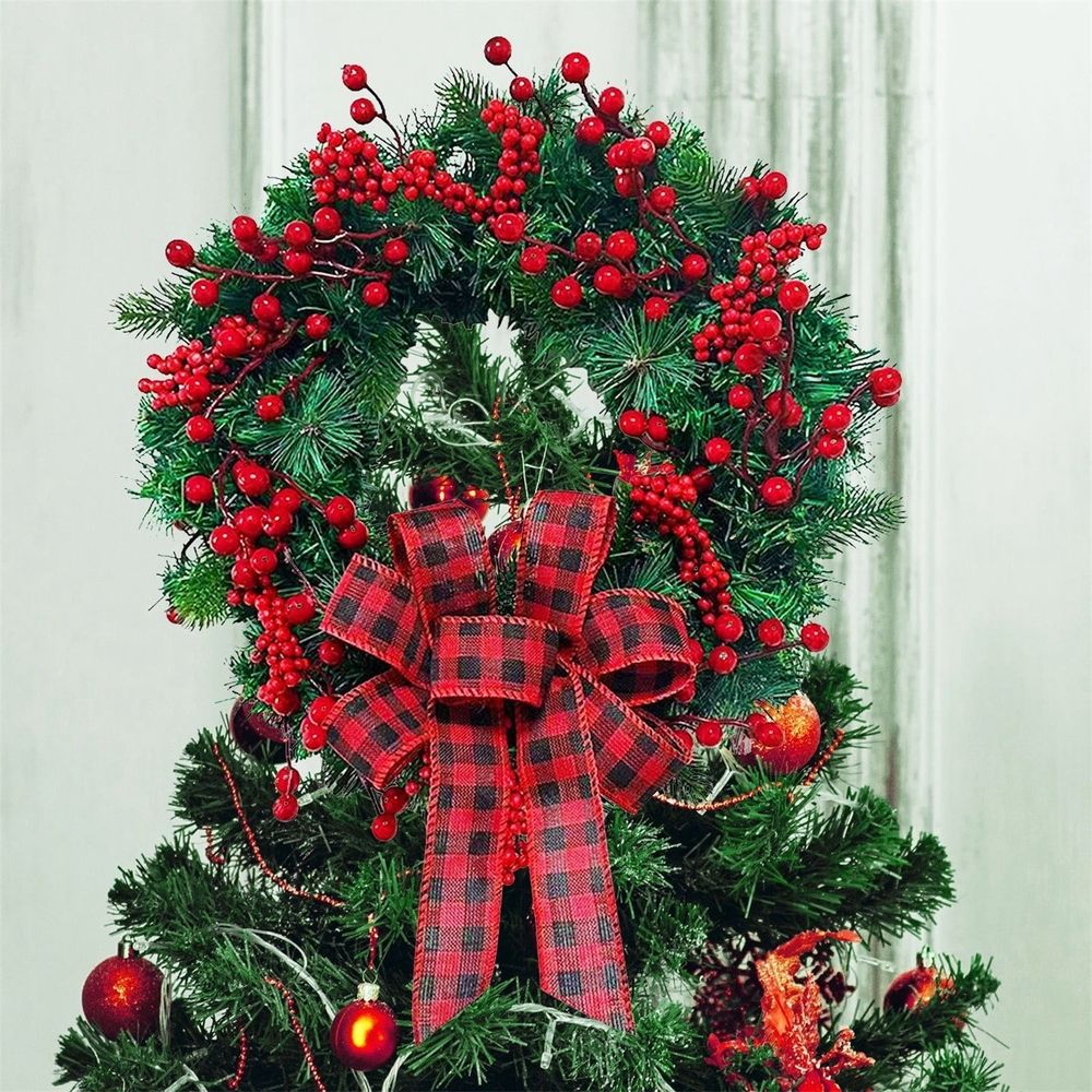 Christmas Wreath for Front Door, Artificial Christmas Door Wreath with Red Berries Buffalo Plaid Bow, Green Pine Wreath for Wall Window Holiday Farmhouse Decor