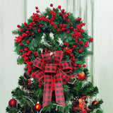 Christmas Wreath for Front Door, Artificial Christmas Door Wreath with Red Berries Buffalo Plaid Bow, Green Pine Wreath for Wall Window Holiday Farmhouse Decor