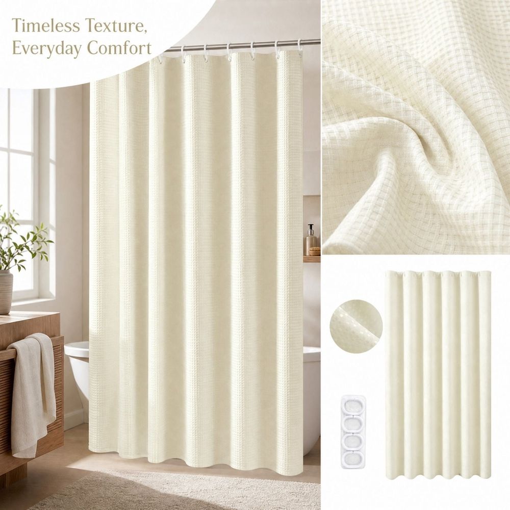 Waffle Weave Shower Curtain, 90x180cm Beige Cream Fabric Bathroom Curtain with 12 Plastic Hooks, Heavy Duty Waterproof Waffle Textured Bath Curtain for Small Bathtub Stall Window Door