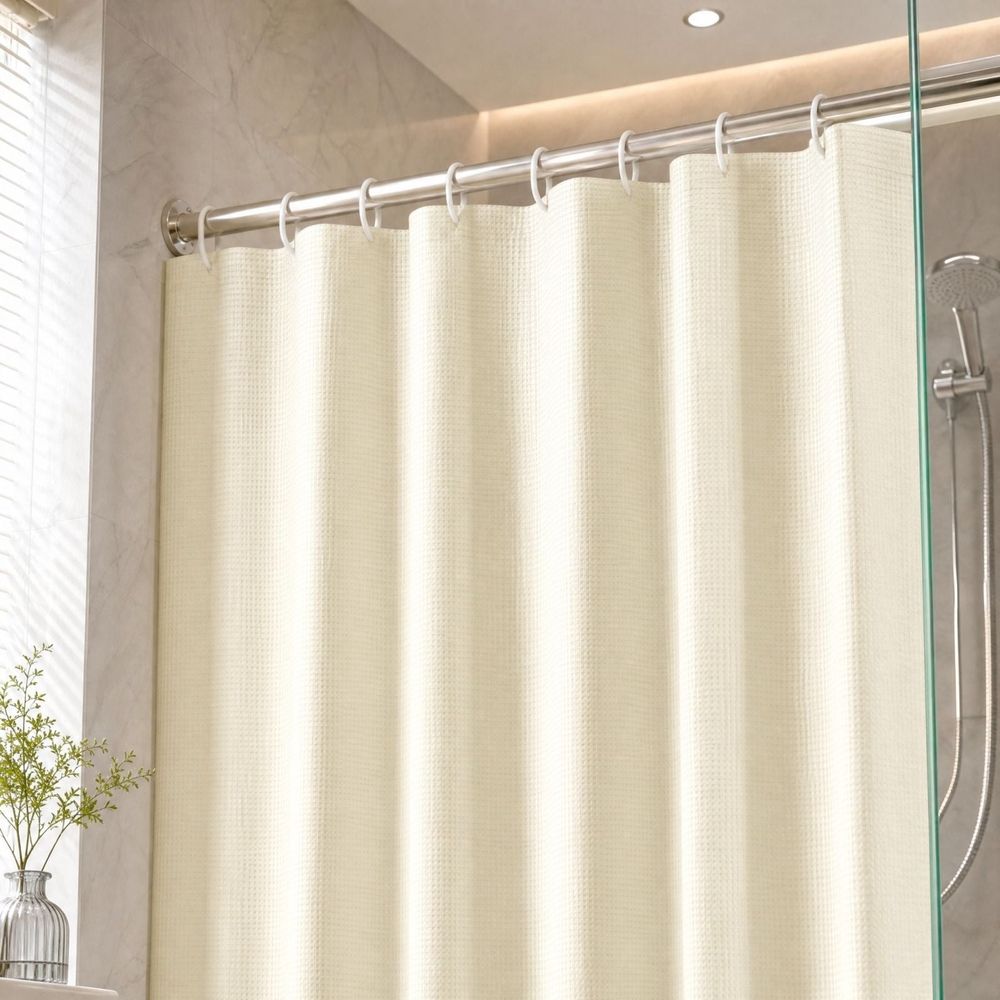Waffle Weave Shower Curtain, 90x180cm Beige Cream Fabric Bathroom Curtain with 12 Plastic Hooks, Heavy Duty Waterproof Waffle Textured Bath Curtain for Small Bathtub Stall Window Door