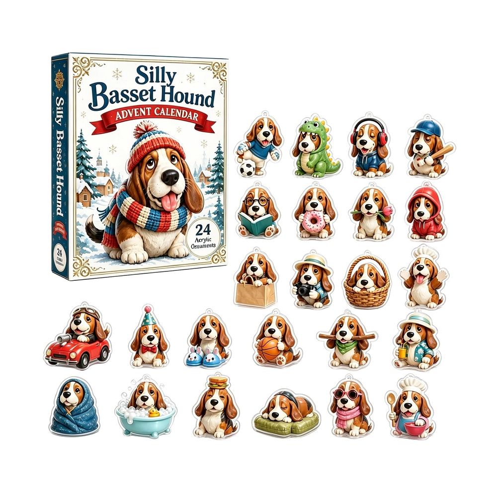 24-Day Silly Basset Hound Advent Calendar 2026, 24Pcs 2D Acrylic Funny Dog Ornaments Blind Box, Christmas Countdown Hanging Charms for Tree Decor, Gift for Basset Hound Lovers