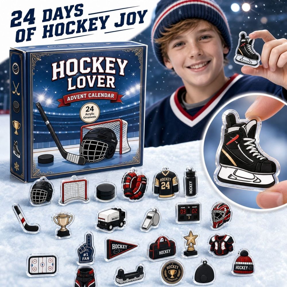 24‑Day Ice Hockey Advent Calendar Countdown, 2D Acrylic Sports Ornament Blind Box Set, Hockey‑Themed Hanging Charms for Winter Decor, Collectible Christmas Holiday Gift for Sports Fans