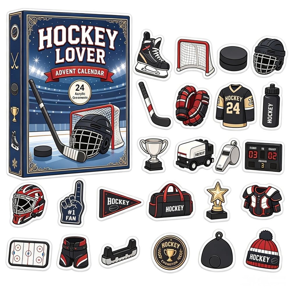 24‑Day Ice Hockey Advent Calendar Countdown, 2D Acrylic Sports Ornament Blind Box Set, Hockey‑Themed Hanging Charms for Winter Decor, Collectible Christmas Holiday Gift for Sports Fans