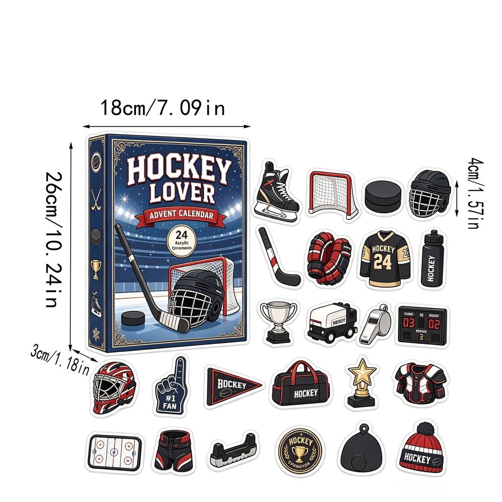 24‑Day Ice Hockey Advent Calendar Countdown, 2D Acrylic Sports Ornament Blind Box Set, Hockey‑Themed Hanging Charms for Winter Decor, Collectible Christmas Holiday Gift for Sports Fans