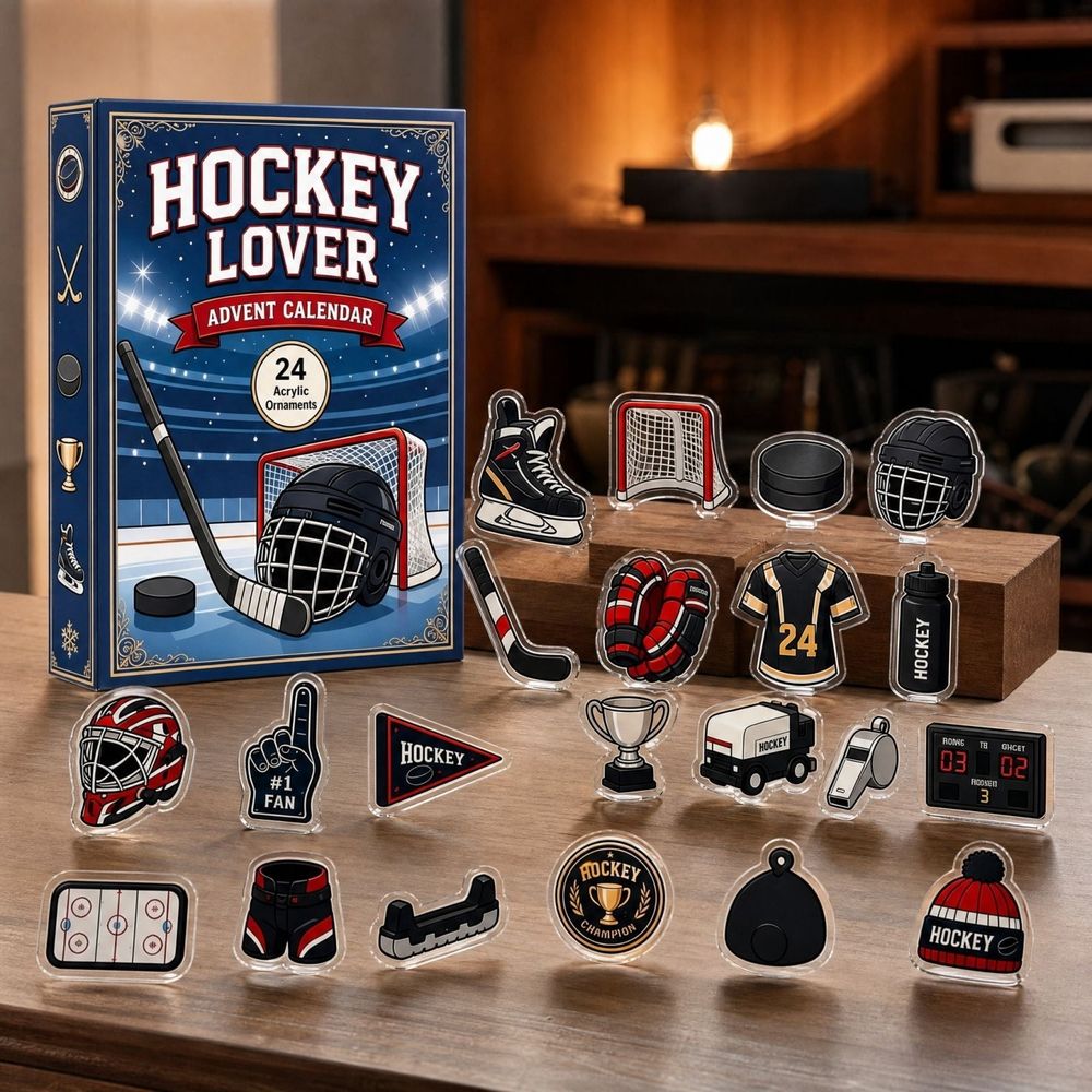 24‑Day Ice Hockey Advent Calendar Countdown, 2D Acrylic Sports Ornament Blind Box Set, Hockey‑Themed Hanging Charms for Winter Decor, Collectible Christmas Holiday Gift for Sports Fans