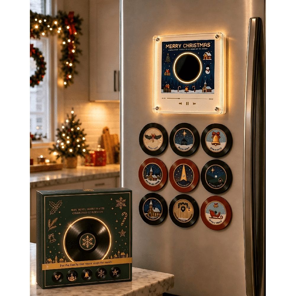 Clearance！Christmas Vinyl Player Fridge Record NFC Magnetic Music Box Set,Mini Jingle Magnets,Refrigerator Custom Storage,Personalized Retro,9 PCS Programmable Playback, Aesthetic Desk Decor Gift