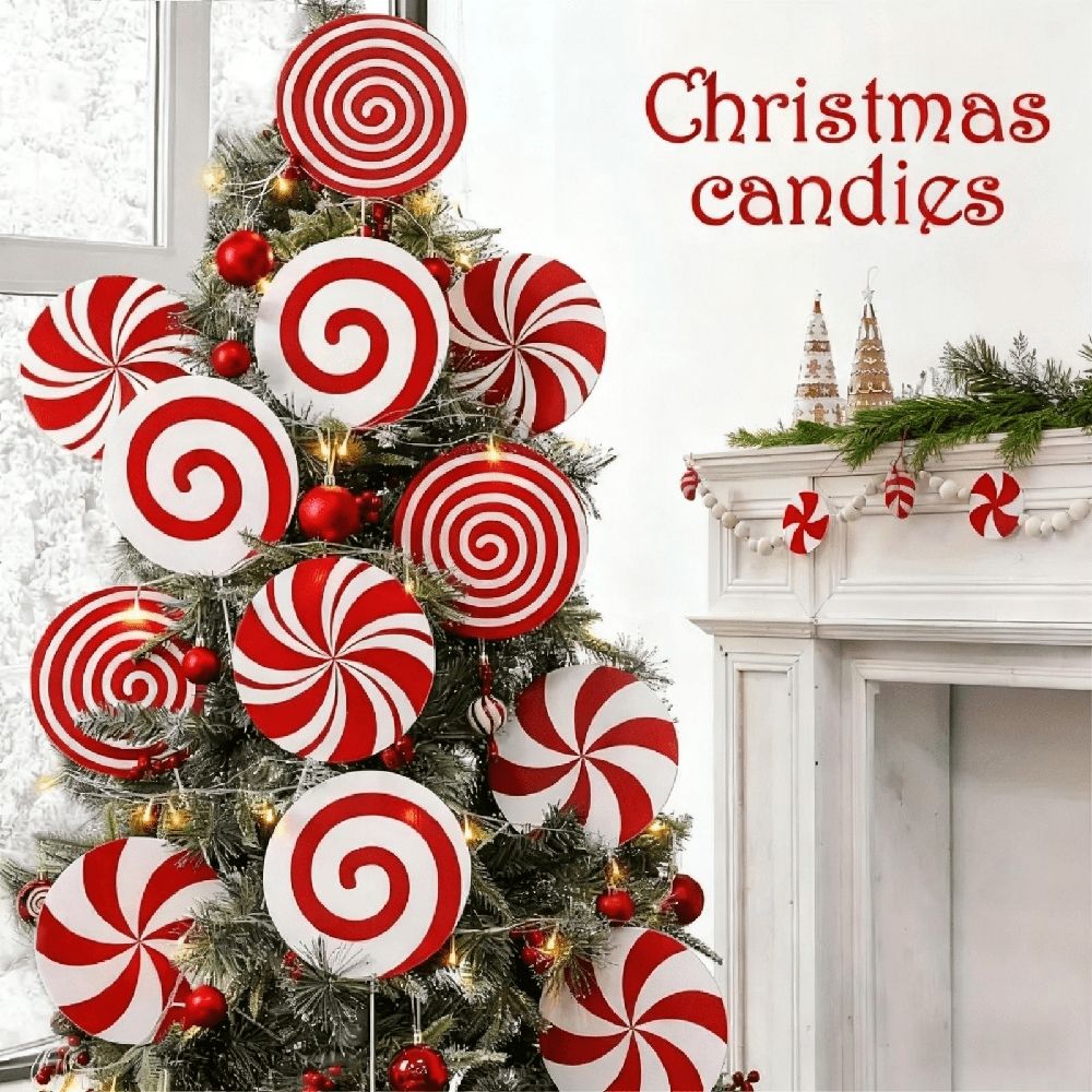 4 Pcs Large Red White Peppermint Lollipop Christmas Picks, Candy Cane Christmas Tree Picks Ornaments, Xmas Tree Topper Decor for Home Office Holiday Party Vase Wreath Décor