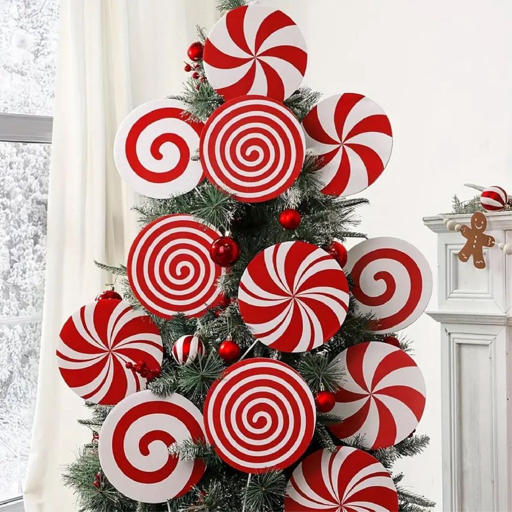 4 Pcs Large Red White Peppermint Lollipop Christmas Picks, Candy Cane Christmas Tree Picks Ornaments, Xmas Tree Topper Decor for Home Office Holiday Party Vase Wreath Décor