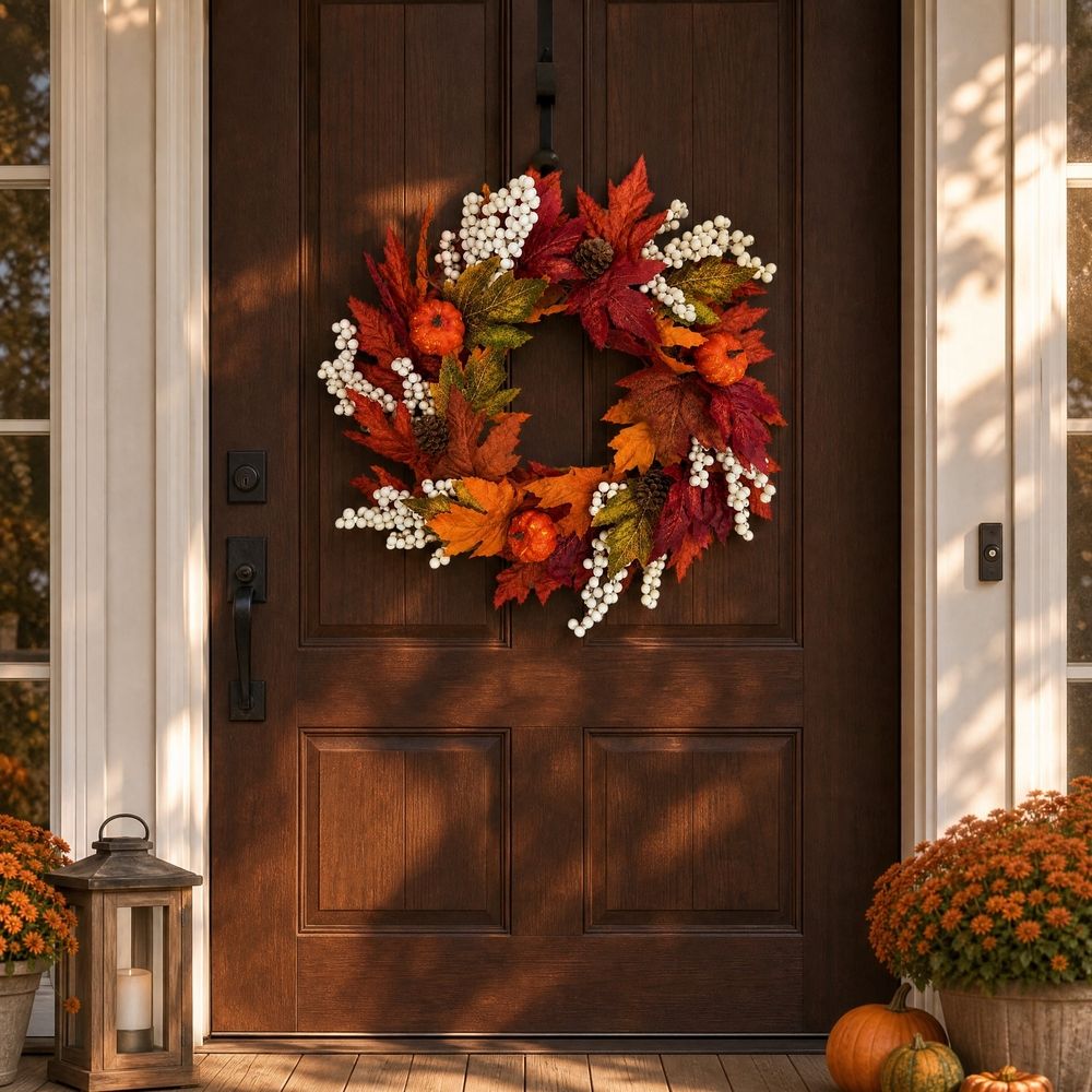 24 Inch Fall Wreath for Front Door, Artificial Autumn Harvest Wreath with Pumpkins Maple Leaves Berries, Thanksgiving Halloween Home Porch Decor