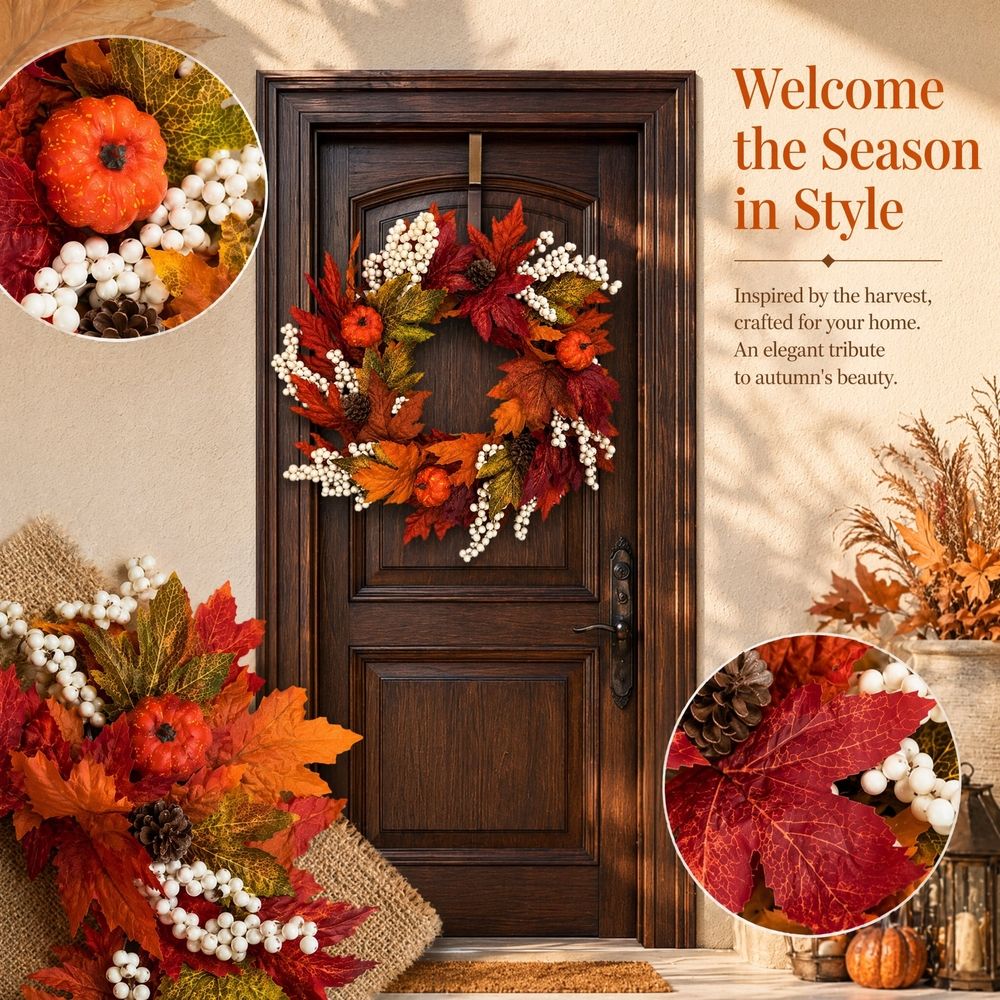 24 Inch Fall Wreath for Front Door, Artificial Autumn Harvest Wreath with Pumpkins Maple Leaves Berries, Thanksgiving Halloween Home Porch Decor