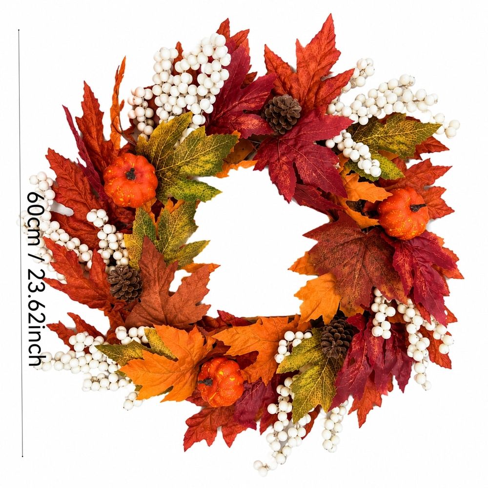 24 Inch Fall Wreath for Front Door, Artificial Autumn Harvest Wreath with Pumpkins Maple Leaves Berries, Thanksgiving Halloween Home Porch Decor