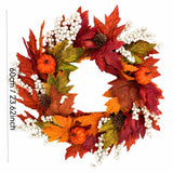 24 Inch Fall Wreath for Front Door, Artificial Autumn Harvest Wreath with Pumpkins Maple Leaves Berries, Thanksgiving Halloween Home Porch Decor