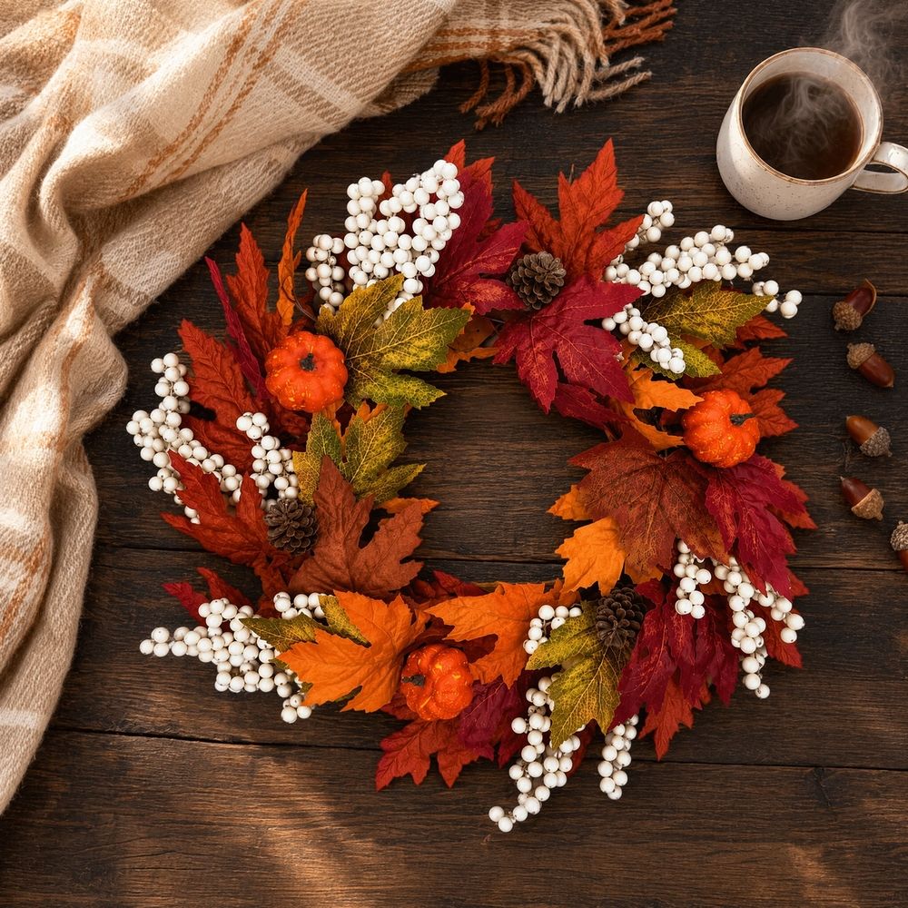 24 Inch Fall Wreath for Front Door, Artificial Autumn Harvest Wreath with Pumpkins Maple Leaves Berries, Thanksgiving Halloween Home Porch Decor
