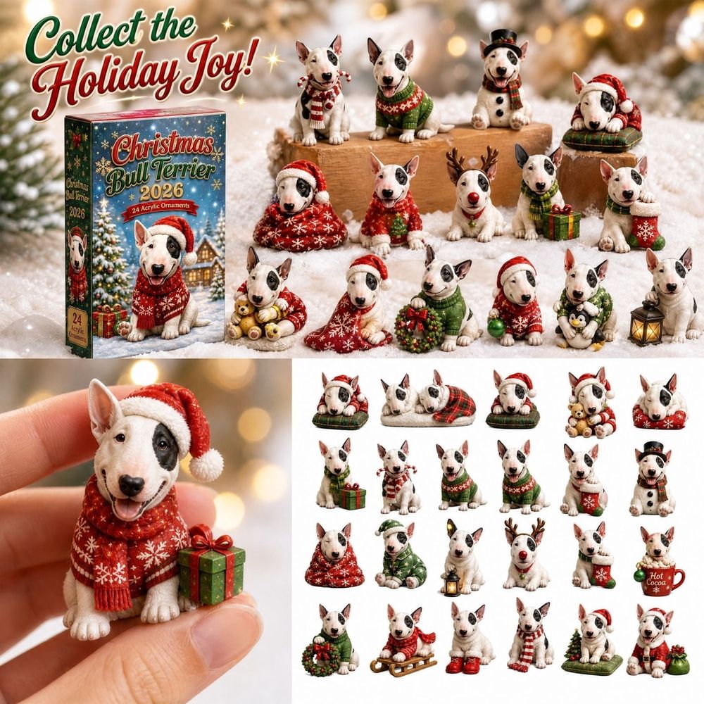 Clearacne!! Christmas Bull Terrier 24Pcs Acrylic Ornaments Set, 2D Flat Christmas Dog Hanging Decorations, Advent Calendar Style Xmas Tree Ornament Gift Box