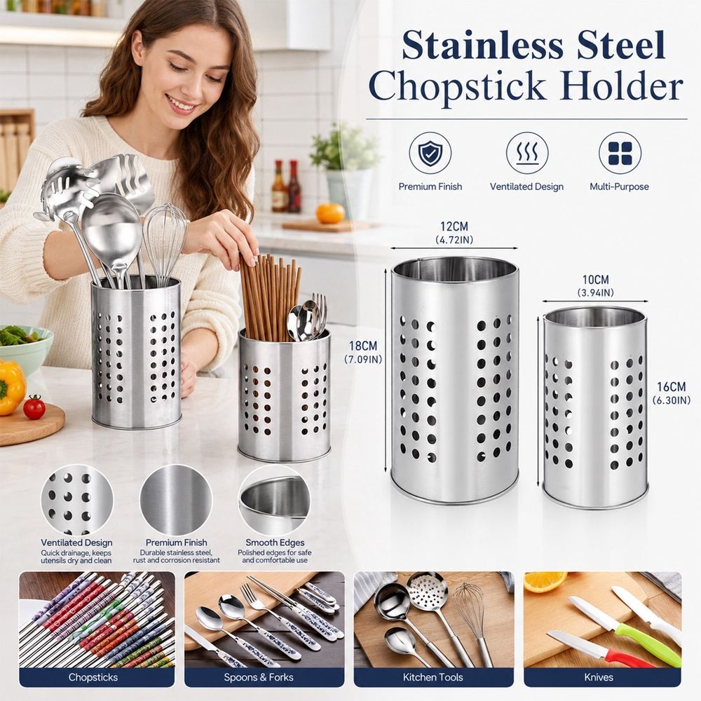 2‑Pack Stainless Steel Kitchen Utensil Holder, Round Perforated Drain‑Design Utensil Caddy, Countertop Chopstick Spatula Silver Storage Organizer for Kitchen Counter
