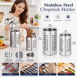 2‑Pack Stainless Steel Kitchen Utensil Holder, Round Perforated Drain‑Design Utensil Caddy, Countertop Chopstick Spatula Silver Storage Organizer for Kitchen Counter