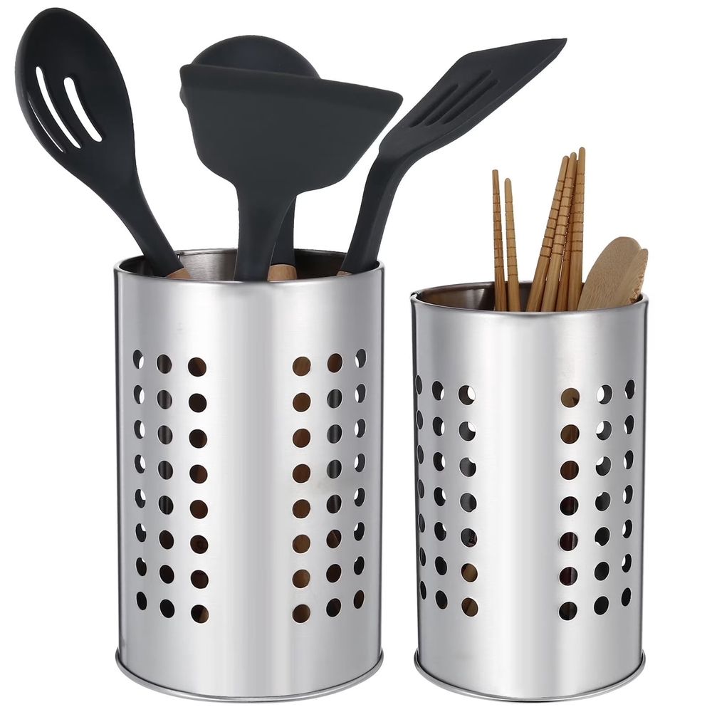 2‑Pack Stainless Steel Kitchen Utensil Holder, Round Perforated Drain‑Design Utensil Caddy, Countertop Chopstick Spatula Silver Storage Organizer for Kitchen Counter