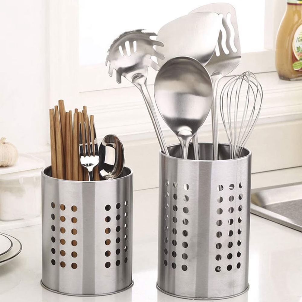 2‑Pack Stainless Steel Kitchen Utensil Holder, Round Perforated Drain‑Design Utensil Caddy, Countertop Chopstick Spatula Silver Storage Organizer for Kitchen Counter