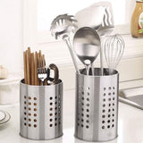 2‑Pack Stainless Steel Kitchen Utensil Holder, Round Perforated Drain‑Design Utensil Caddy, Countertop Chopstick Spatula Silver Storage Organizer for Kitchen Counter