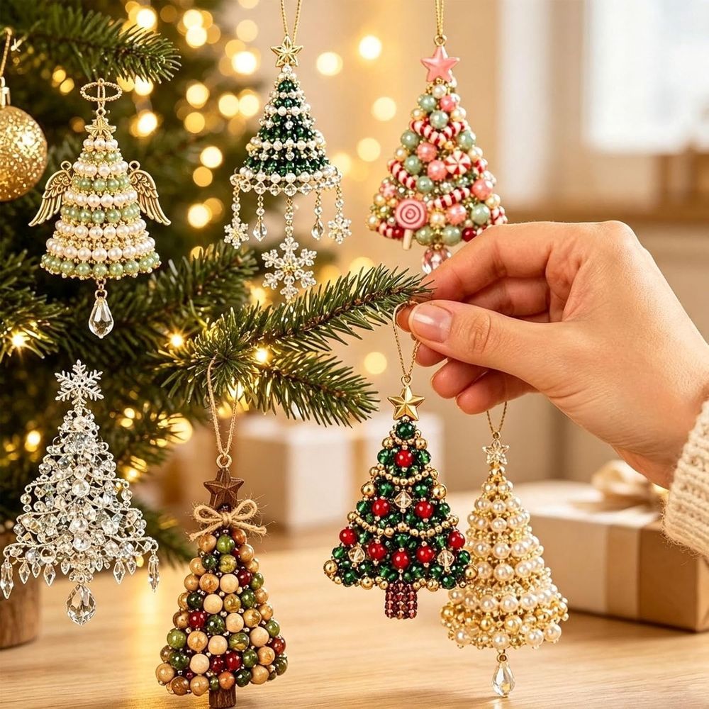 DIY Christmas Tree Beaded Ornament Kit Beginner Friendly Holiday Craft Set with Assorted Beads, Wire, Charms