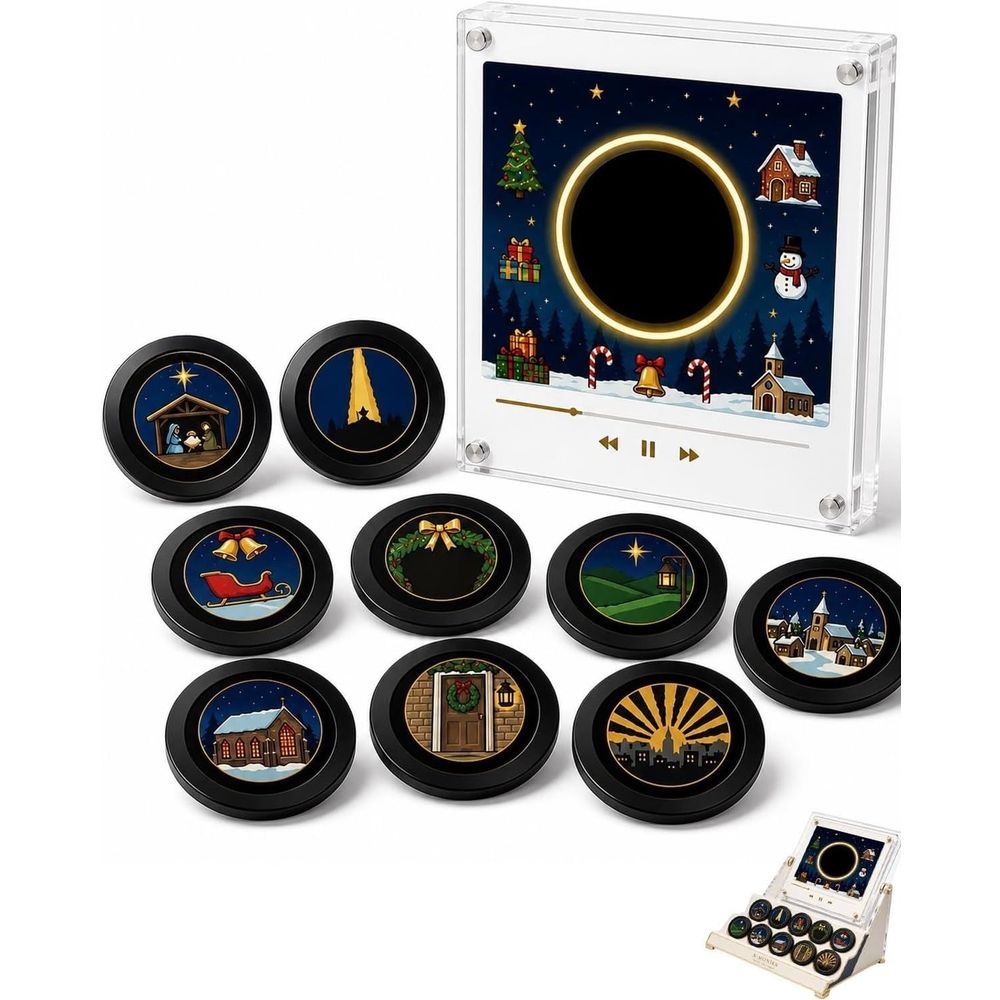 Christmas Magnetic Music Player Set, Mini Vinyl‑Style NFC Music Box with 9 Refrigerator Fridge Magnets Discs, USB‑C Rechargeable Christmas Decor & Holiday Gift