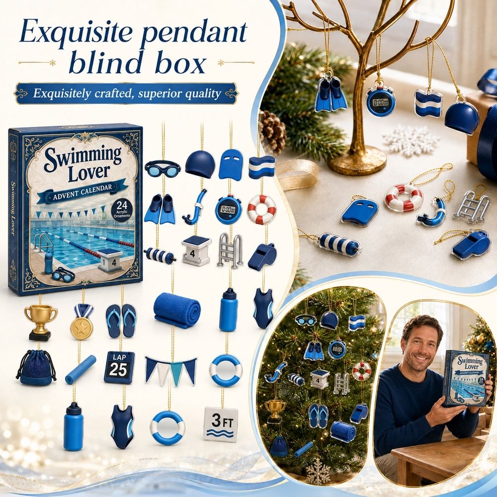 Swimming Lover Advent Calendar, 24 Days 2D Acrylic Ornaments Countdown Calendar, 24Pcs Flat Swimming Gear Hanging Decorations for Xmas Tree Swimmers Gift