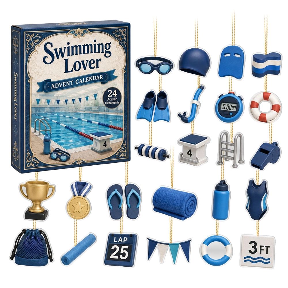 Swimming Lover Advent Calendar, 24 Days 2D Acrylic Ornaments Countdown Calendar, 24Pcs Flat Swimming Gear Hanging Decorations for Xmas Tree Swimmers Gift