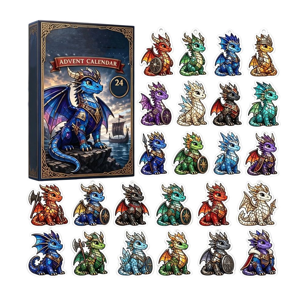 Dragon Advent Calendar, 24 Days Christmas Countdown Blind Box with 24 2D Acrylic Dragon Ornaments, Fantasy Holiday Hanging Decorations for Tree Wreath Home Party Display, Gift for Dragon Lovers