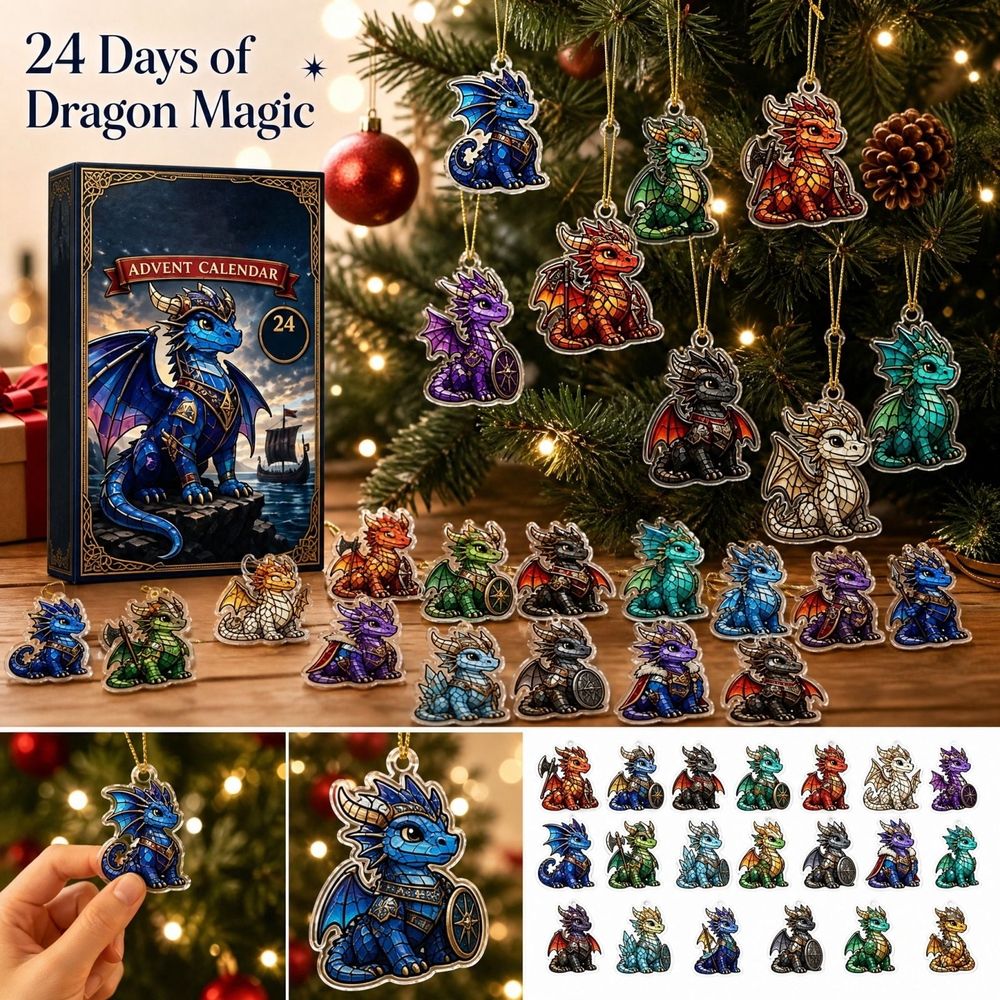 Dragon Advent Calendar, 24 Days Christmas Countdown Blind Box with 24 2D Acrylic Dragon Ornaments, Fantasy Holiday Hanging Decorations for Tree Wreath Home Party Display, Gift for Dragon Lovers