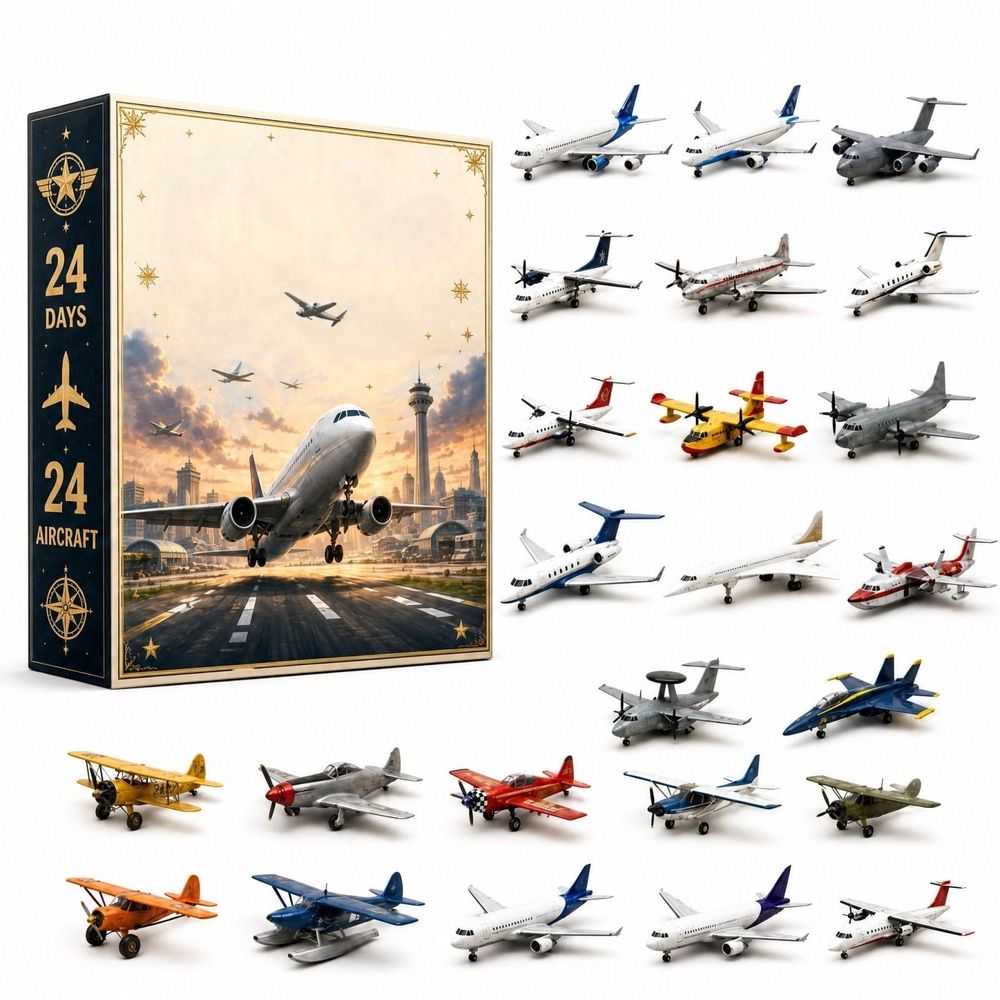 24‑Day Christmas Countdown Advent Calendar, 24 Unique Die‑Cast Mini Aircraft Models, Aircraft Toy Set, Holiday Surprise Gift for Festival Collection Display