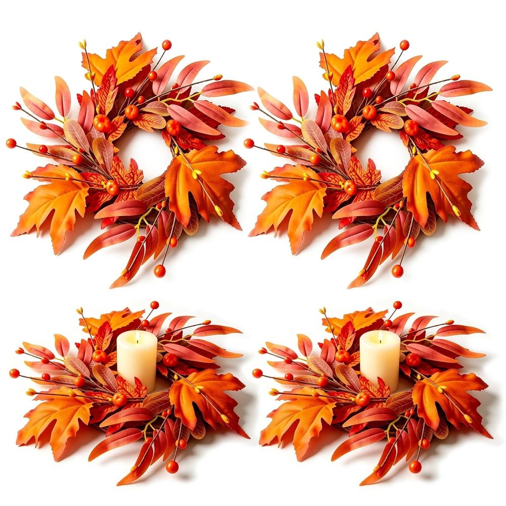 4 Pcs 9 Inch Mini Fall Wreaths, Thanksgiving Maple Leaf Candle Rings with Orange Burlap Bows, Farmhouse Autumn Wreath for Cabinet, Front Door, Porch, Wall, Window & Table Centerpiece Decor