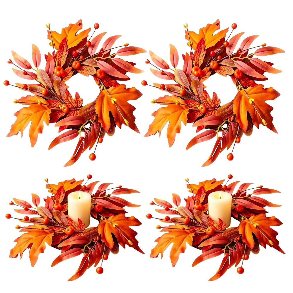 4 Pcs 9 Inch Mini Fall Wreaths, Thanksgiving Maple Leaf Candle Rings with Orange Burlap Bows, Farmhouse Autumn Wreath for Cabinet, Front Door, Porch, Wall, Window & Table Centerpiece Decor