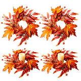 4 Pcs 9 Inch Mini Fall Wreaths, Thanksgiving Maple Leaf Candle Rings with Orange Burlap Bows, Farmhouse Autumn Wreath for Cabinet, Front Door, Porch, Wall, Window & Table Centerpiece Decor