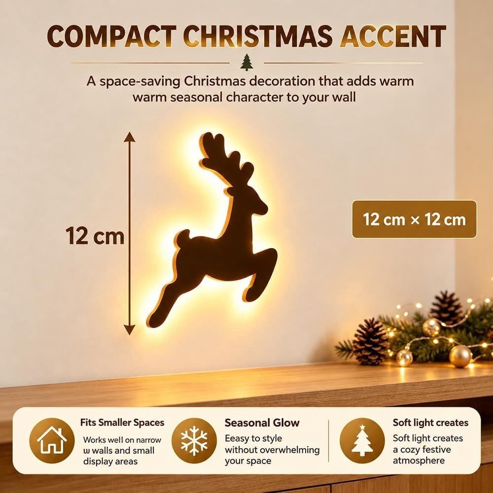 Antler Glow LED Reindeer Wall Decor, Warm Backlit Peel & Stick Christmas Wall Silhouette Lights, Lighted Reindeer Indoor Wall Accents for Living Room, Mantel, Entryway & Holiday Display