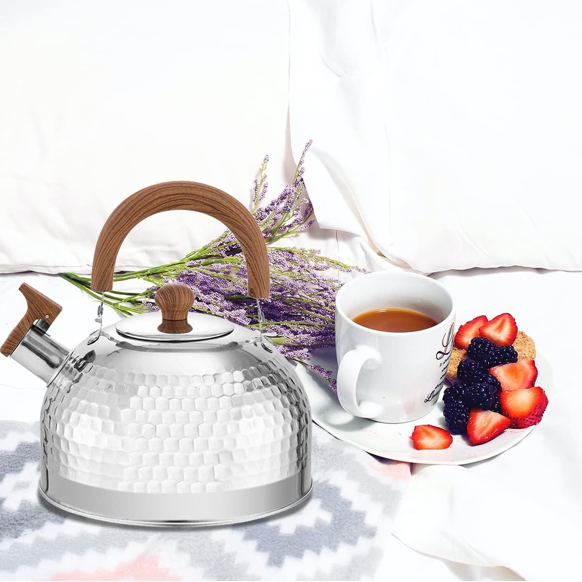 Loud Whistling Kettle for Boiling Water Coffee or Milk, 3.1 Quart 3L Heavy Stainless Steel  Kettle with Wood Pattern Handle