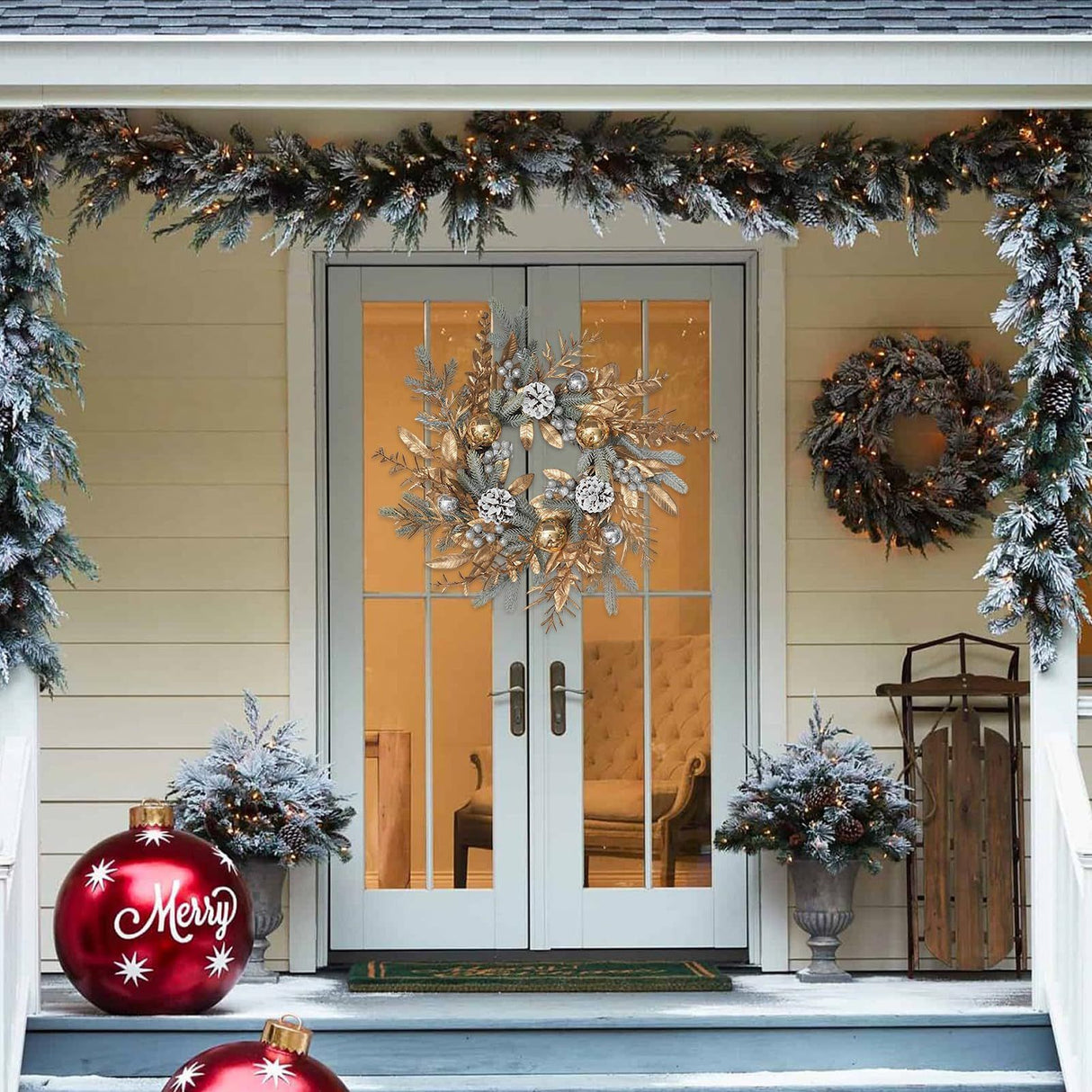 20 Inch Christmas Wreath, Christmas Pinecone Wreath, Gold Christmas Balls Pinecone Wreath, Artificial Pinecone Berry Wreath